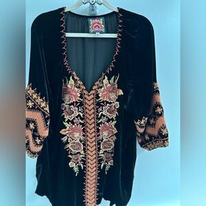 Johnny Was Black Velvet Top with Colorful Embroidery